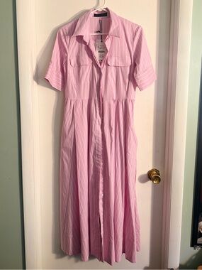 ZARA Pink Striped Button-Front Poplin Midi Dress NWT